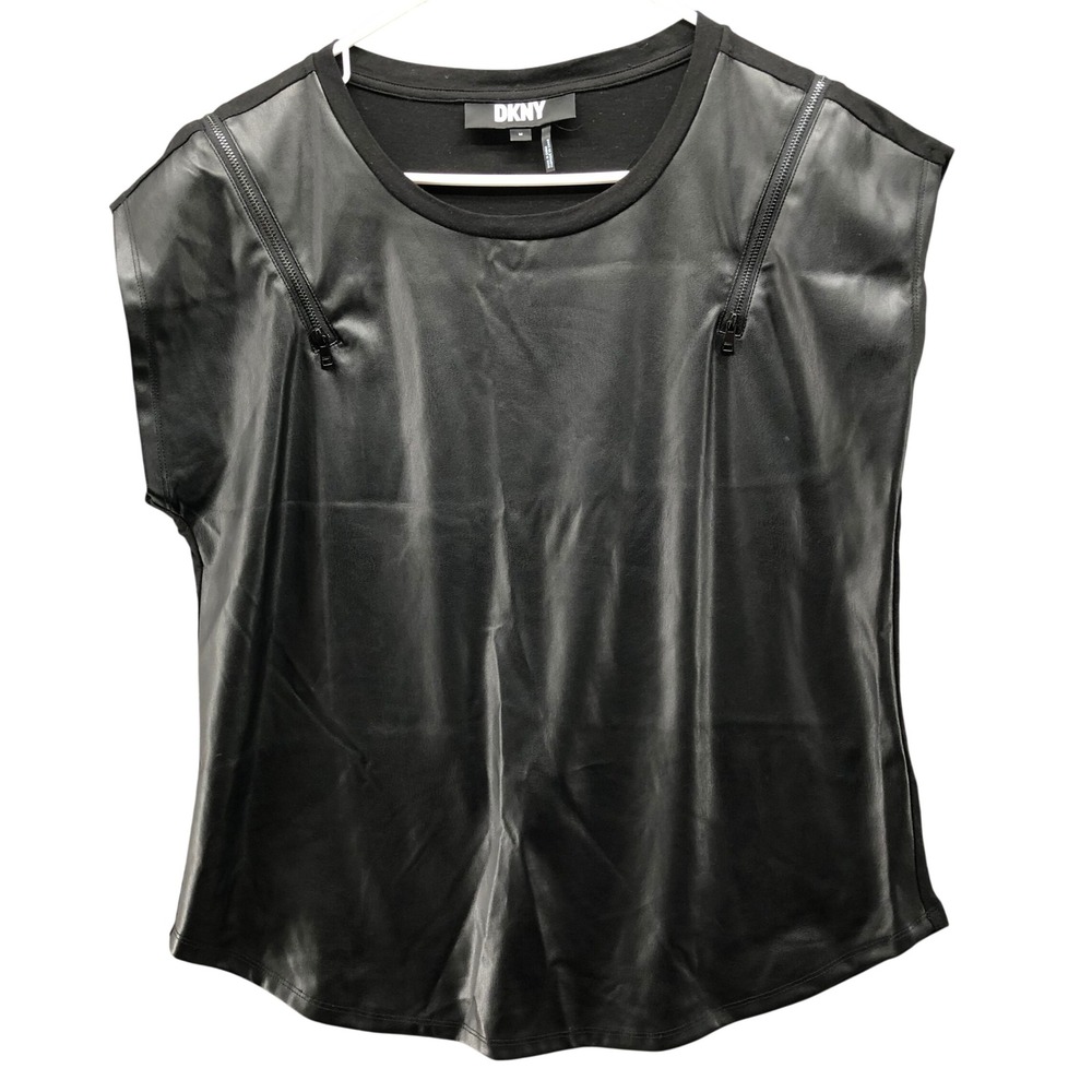 DKNY Faux Leather Front Zip‎ Accent Top Womens M Black Mixed Media Dolman